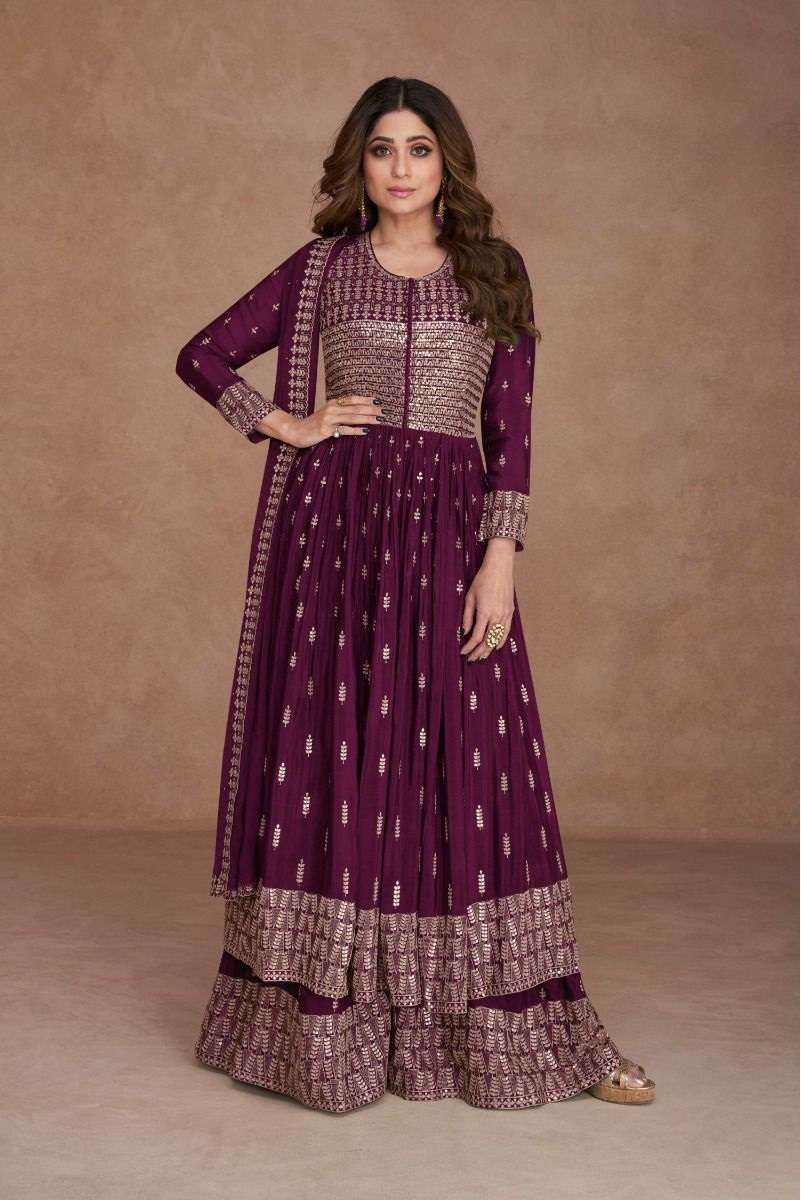 DESIGNER FANCY WEDDING PARTY WEAR PURPLE NAYRA CUT GEORGETTE SHARARA SALWAR SUIT AF IDIKA 9542