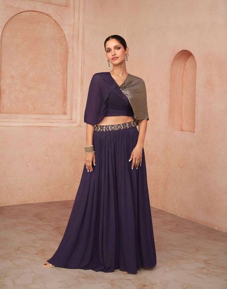 DESIGNER FANCY WEDDING PARTY WEAR PURPLE READYMADE CROP TOP SALWAR SUIT SAYURI TRENDY 5239