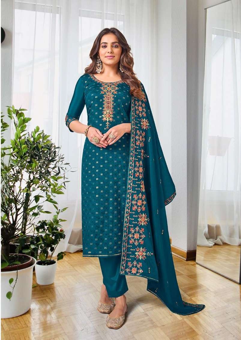 DESIGNER FANCY WEDDING PARTY WEAR RAMA BLUE GEORGETTE STRAIGHT SALWAR SUIT EB ASHPREET 1517