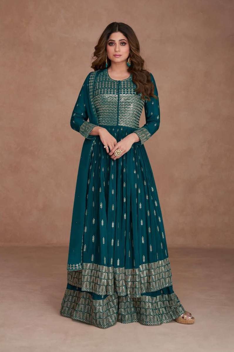 DESIGNER FANCY WEDDING PARTY WEAR RAMA BLUE NAYRA CUT GEORGETTE SHARARA SALWAR SUIT AF IDIKA 9541