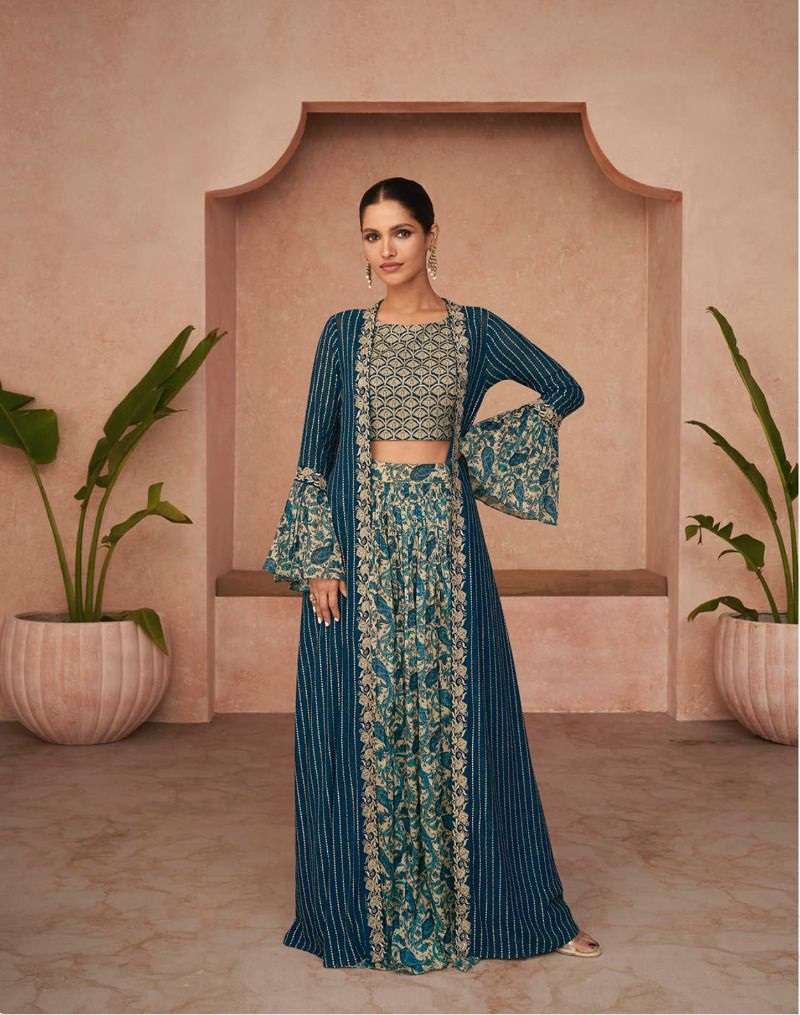 DESIGNER FANCY WEDDING PARTY WEAR RAMA BLUE READYMADE CROP TOP SALWAR SUIT SAYURI TRENDY 5241