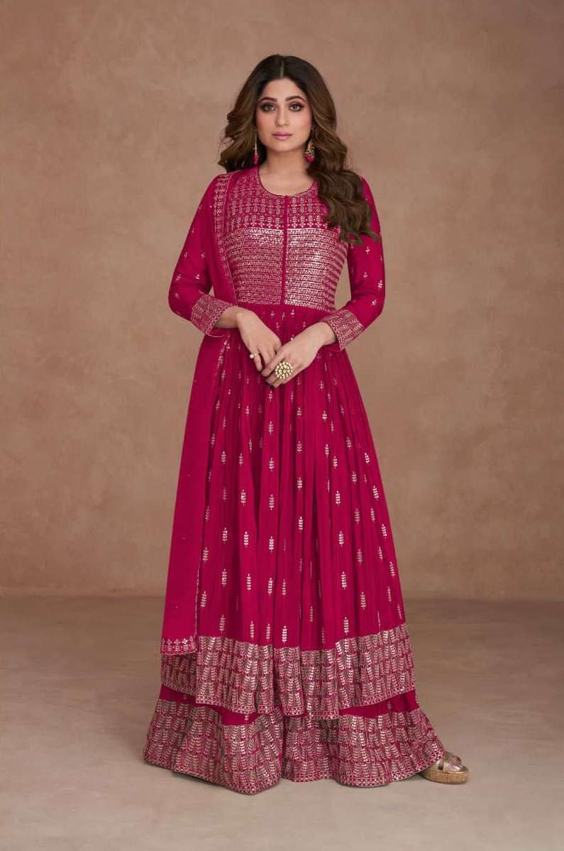 DESIGNER FANCY WEDDING PARTY WEAR RANI PINK NAYRA CUT GEORGETTE SHARARA SALWAR SUIT AF IDIKA 9539