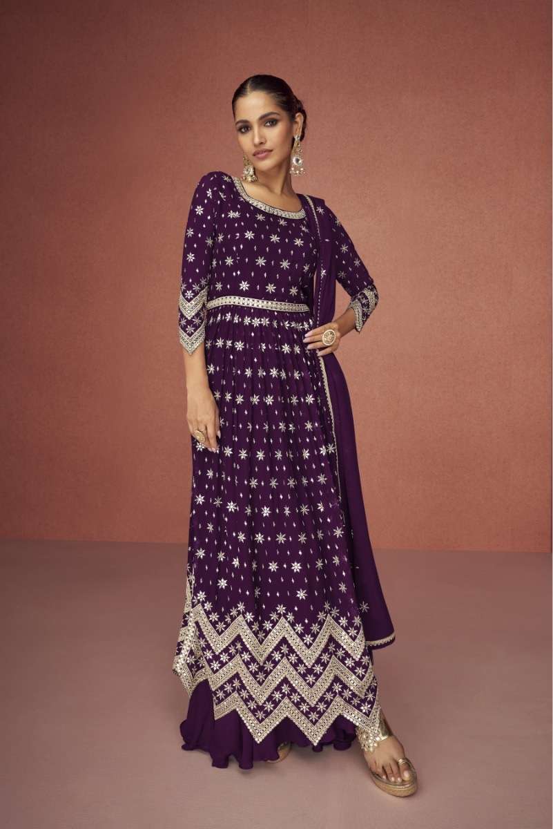 DESIGNER FANCY WEDDING PARTY WEAR WINE PURPLE GEORGETTE ANARKALI SHARARA SALWAR SUIT JG 9426B