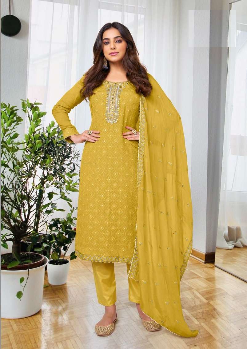 DESIGNER FANCY WEDDING PARTY WEAR YELLOW GEORGETTE STRAIGHT SALWAR SUIT EB ASHPREET 1518