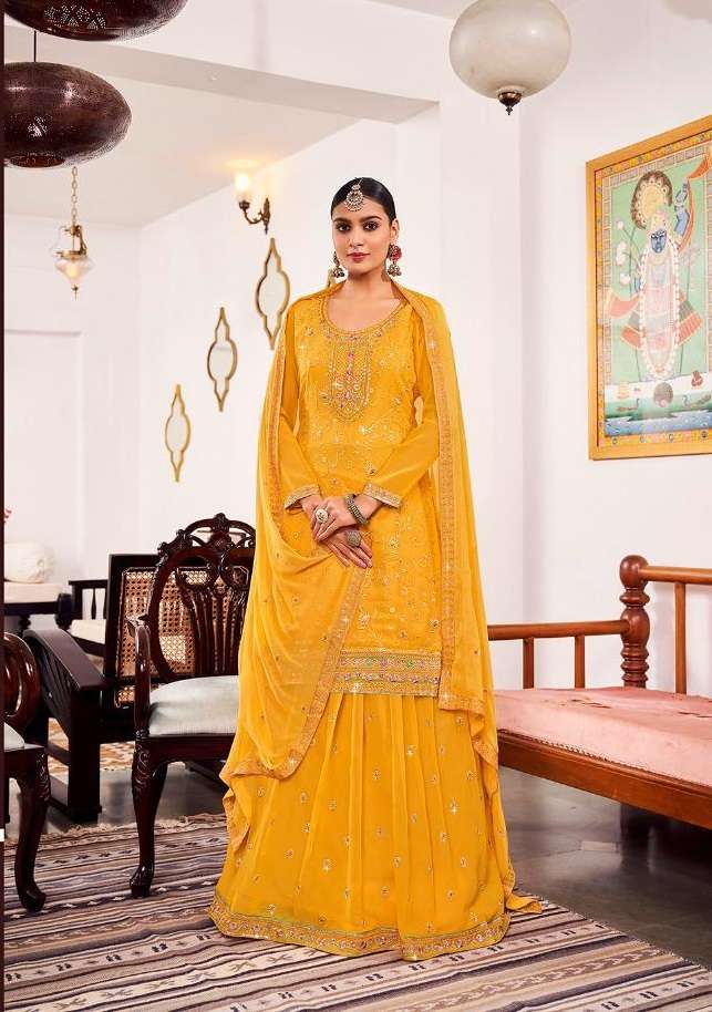 DESIGNER FANCY WEDDING PARTY WEAR YELLOW SKIRT TOP STYLE SALWAR SUIT JT RADHA 892