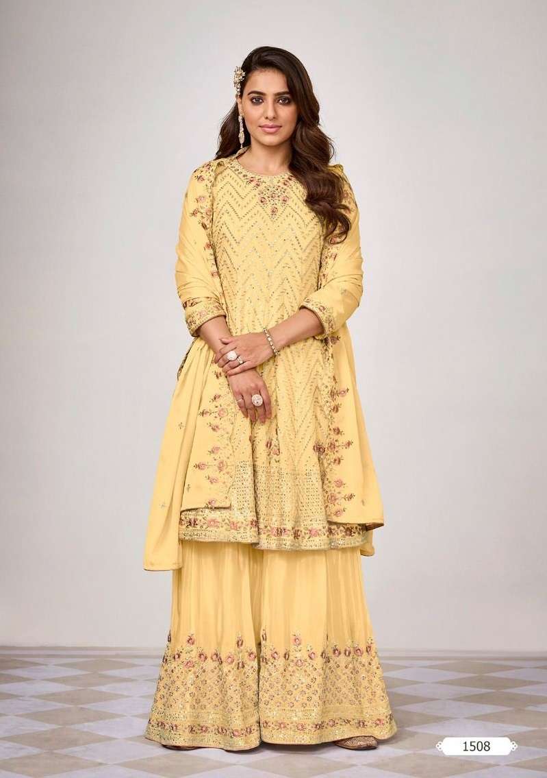 DESIGNER FANCY YELLOW READYMADE WEDDING PARTY WEAR CHINON SHARARA SALWAR SUIT EB KIARA 1508