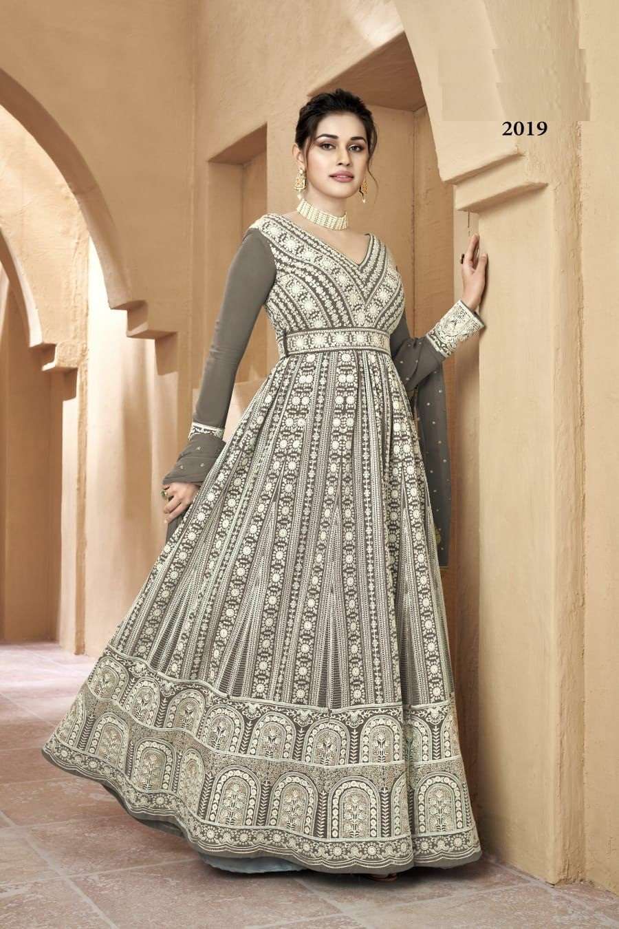 DESIGNER GREY CHIKKAN WORK ANARKALI PARTY WEAR SALWAR SUIT LONG GOWN IN GEORGETTE DST GULJAR RESHAM 2019