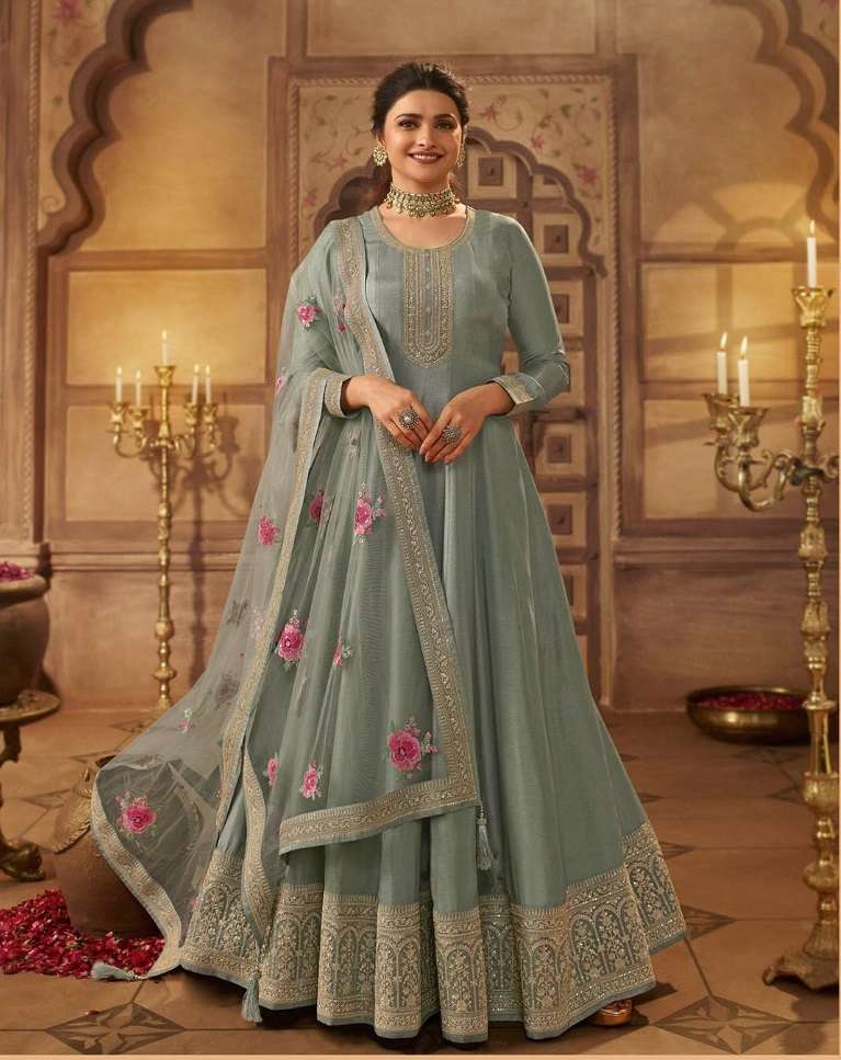 DESIGNER GREY SILK ANARKALI SALWAR SUIT GOWN WITH NET DUPATTA IN LATEST 2023 VINAY KASHEESH 63693