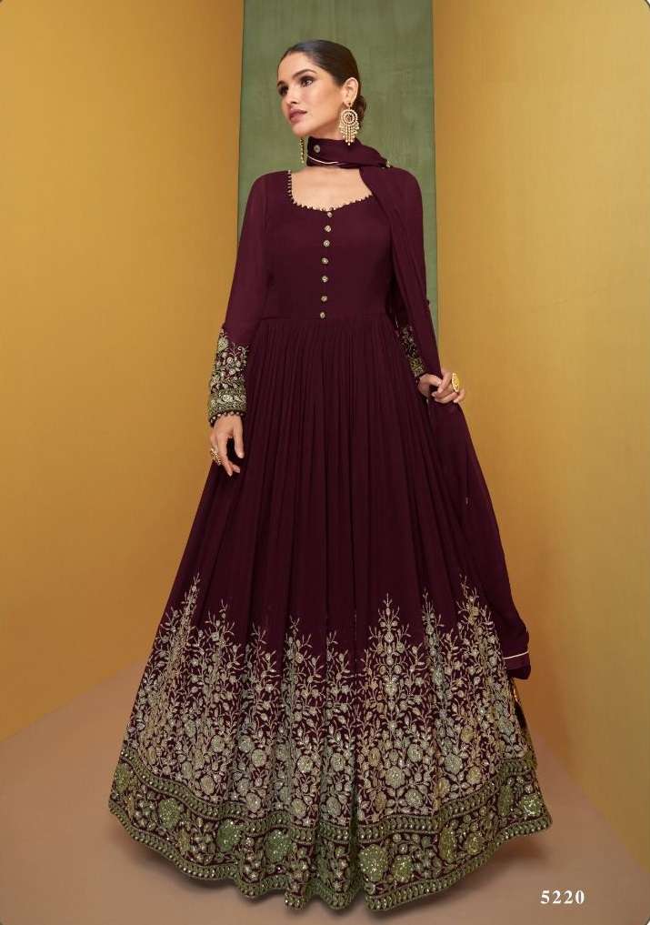 DESIGNER MAROON ANARKALI PARTY WEAR SALWAR SUIT LONG GOWN IN PREMIUM REAL GEORGETTE AR SAYURI ALIZEH 5220