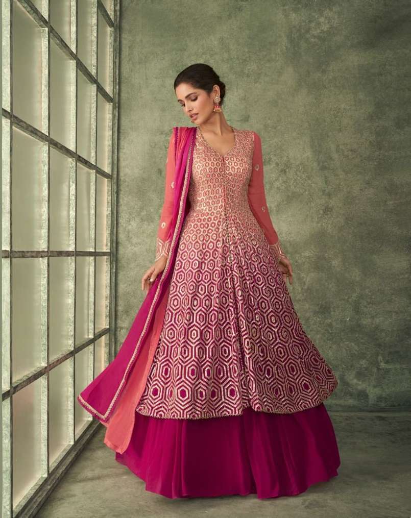 DESIGNER PARTY WEDDING WEAR PEACE PINK ANARKALI SALWAR SUIT LONG GOWN IN GEORGETTE AF INAYAT 5243