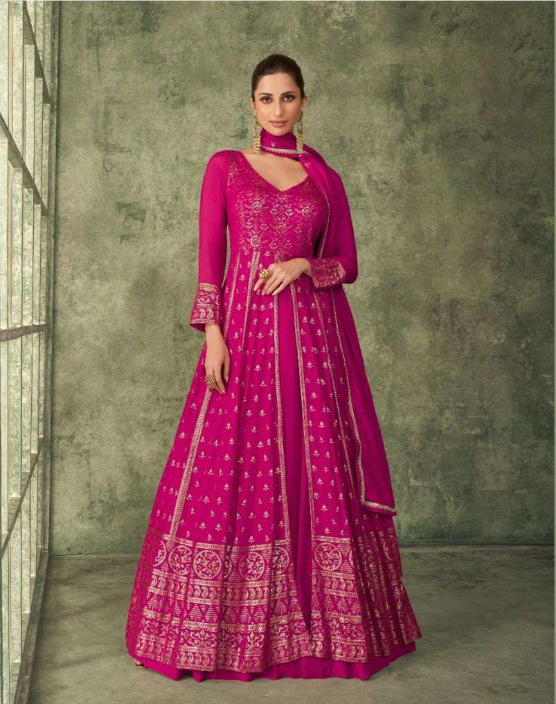 DESIGNER PARTY WEDDING WEAR RANI PINK ANARKALI SALWAR SUIT LONG GOWN IN GEORGETTE AF INAYAT 5244