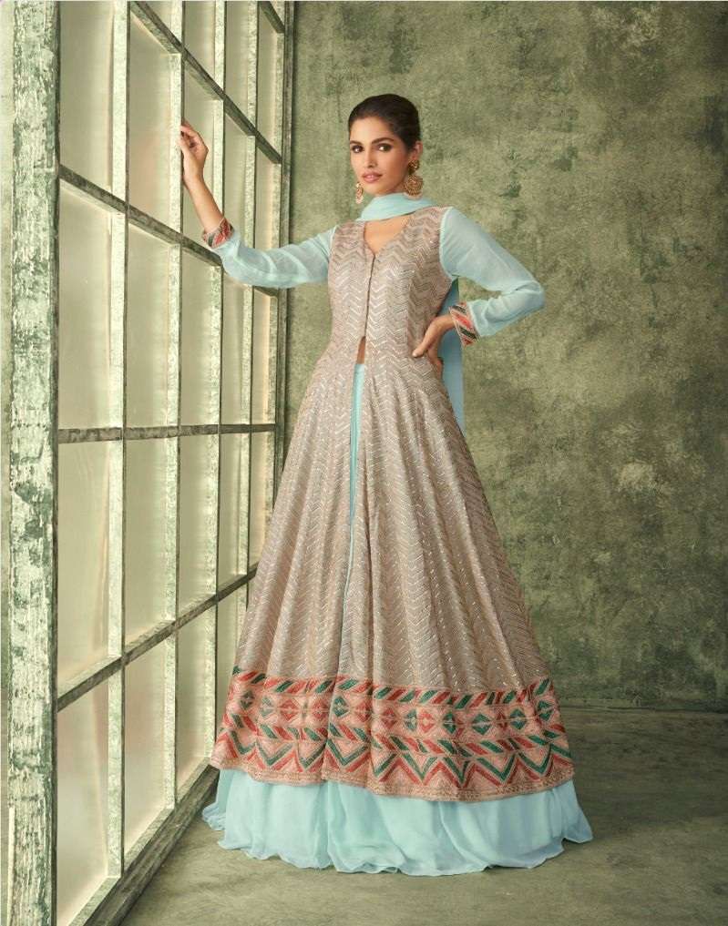 DESIGNER PARTY WEDDING WEAR SKY BLUE ANARKALI SALWAR SUIT LONG GOWN IN GEORGETTE AF INAYAT 5245