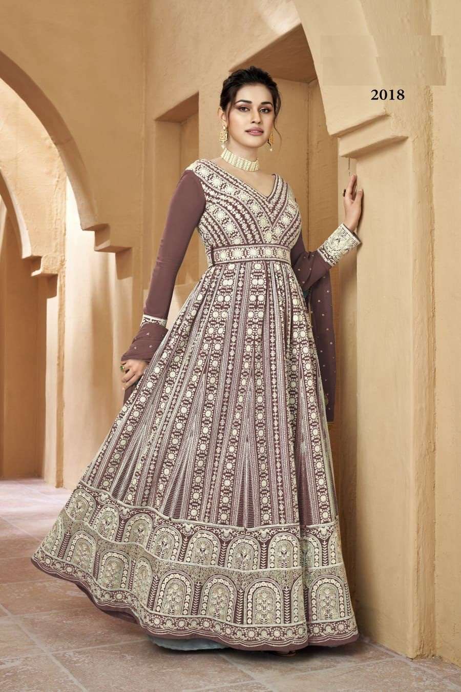 DESIGNER PEACE CHIKKAN WORK ANARKALI PARTY WEAR SALWAR SUIT LONG GOWN IN GEORGETTE DST GULJAR RESHAM 2018