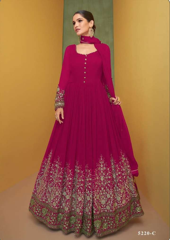 DESIGNER PINK ANARKALI PARTY WEAR SALWAR SUIT LONG GOWN IN PREMIUM REAL GEORGETTE AR SAYURI ALIZEH 5220C