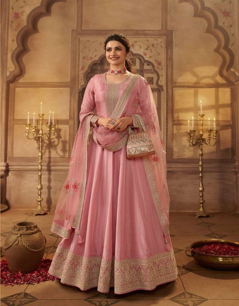 DESIGNER PINK SILK ANARKALI SALWAR SUIT GOWN WITH NET DUPATTA IN LATEST 2023 VINAY KASHEESH 63692