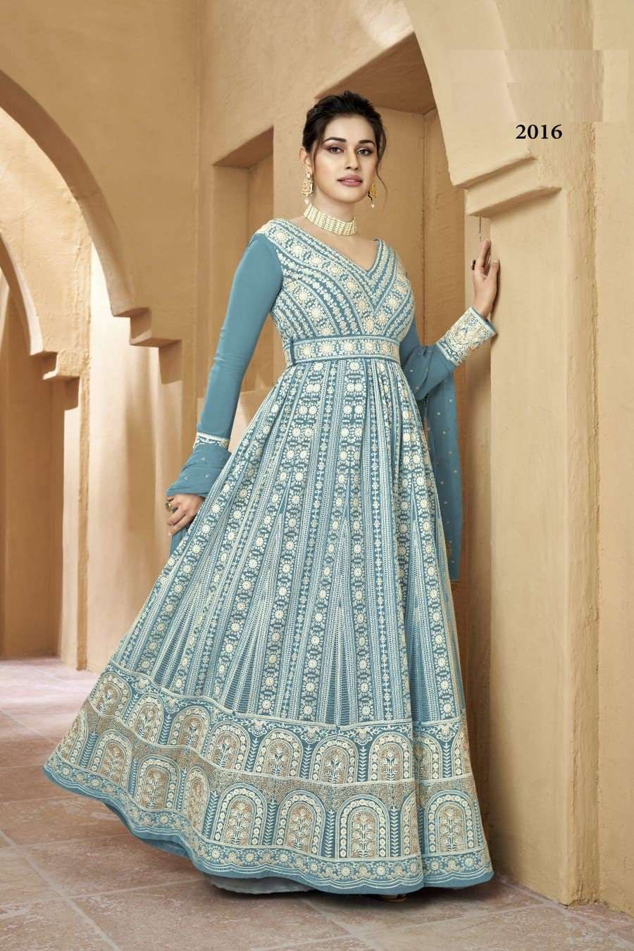 DESIGNER SKY BLUE CHIKKAN WORK ANARKALI PARTY WEAR SALWAR SUIT LONG GOWN IN GEORGETTE DST GULJAR RESHAM 2016