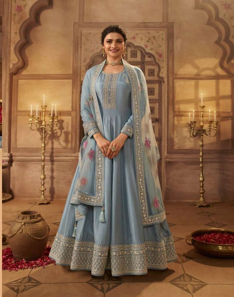 DESIGNER SKY BLUE SILK ANARKALI SALWAR SUIT GOWN WITH NET DUPATTA IN LATEST 2023 VINAY KASHEESH 63691