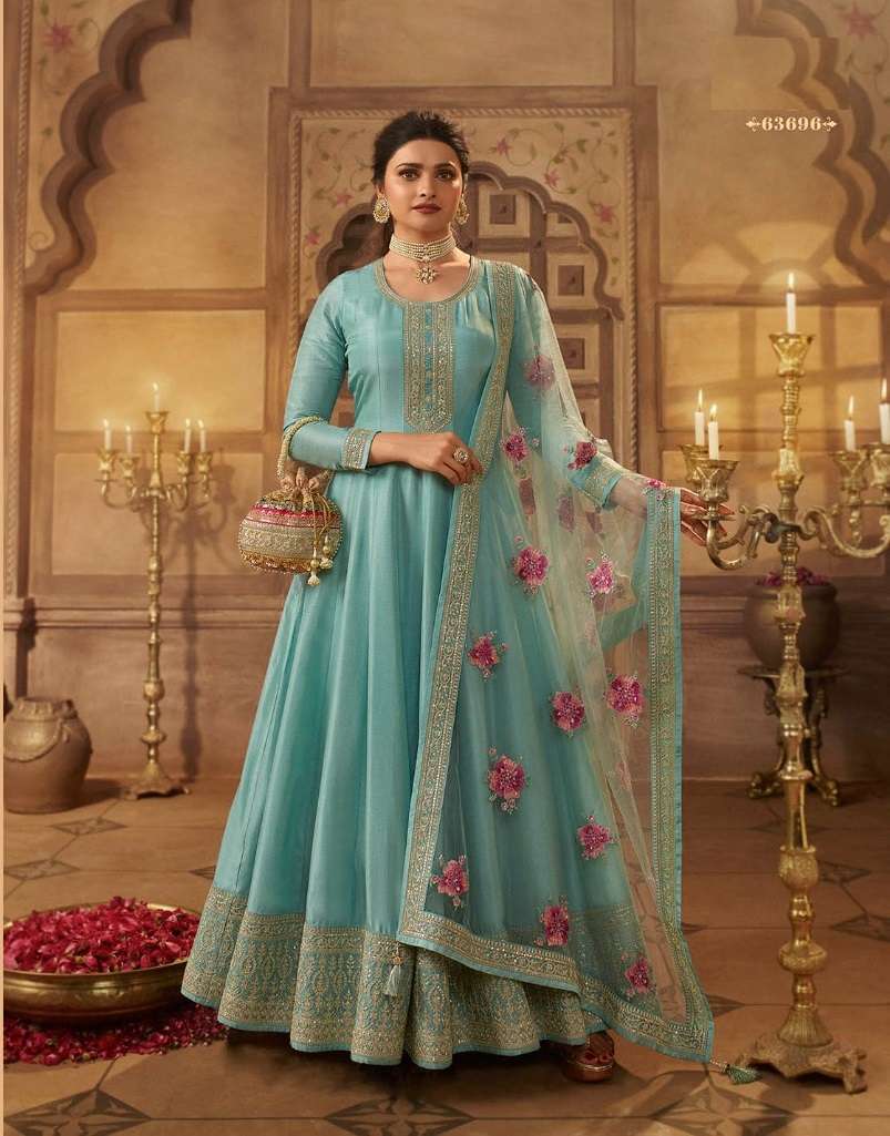 DESIGNER SKY BLUE SILK ANARKALI SALWAR SUIT GOWN WITH NET DUPATTA IN LATEST 2023 VINAY KASHEESH 63696