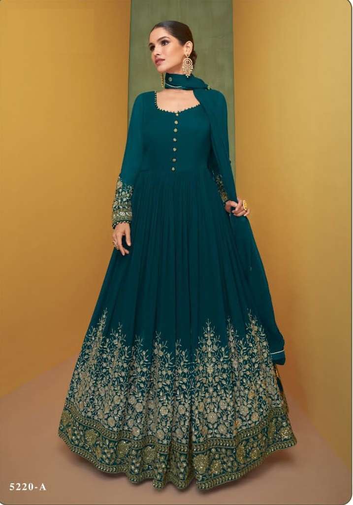 DESIGNER TEAL BLUE ANARKALI PARTY WEAR SALWAR SUIT LONG GOWN IN PREMIUM REAL GEORGETTE AR SAYURI ALIZEH 5220A