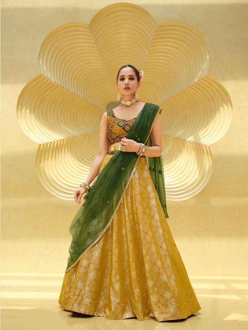 DESIGNER TRENDY STYLISH FANCY PARTY WEAR CHINON SILK LONG BLOUSE YELLOW LEHENGA CHOLI KF GIRLY 2231