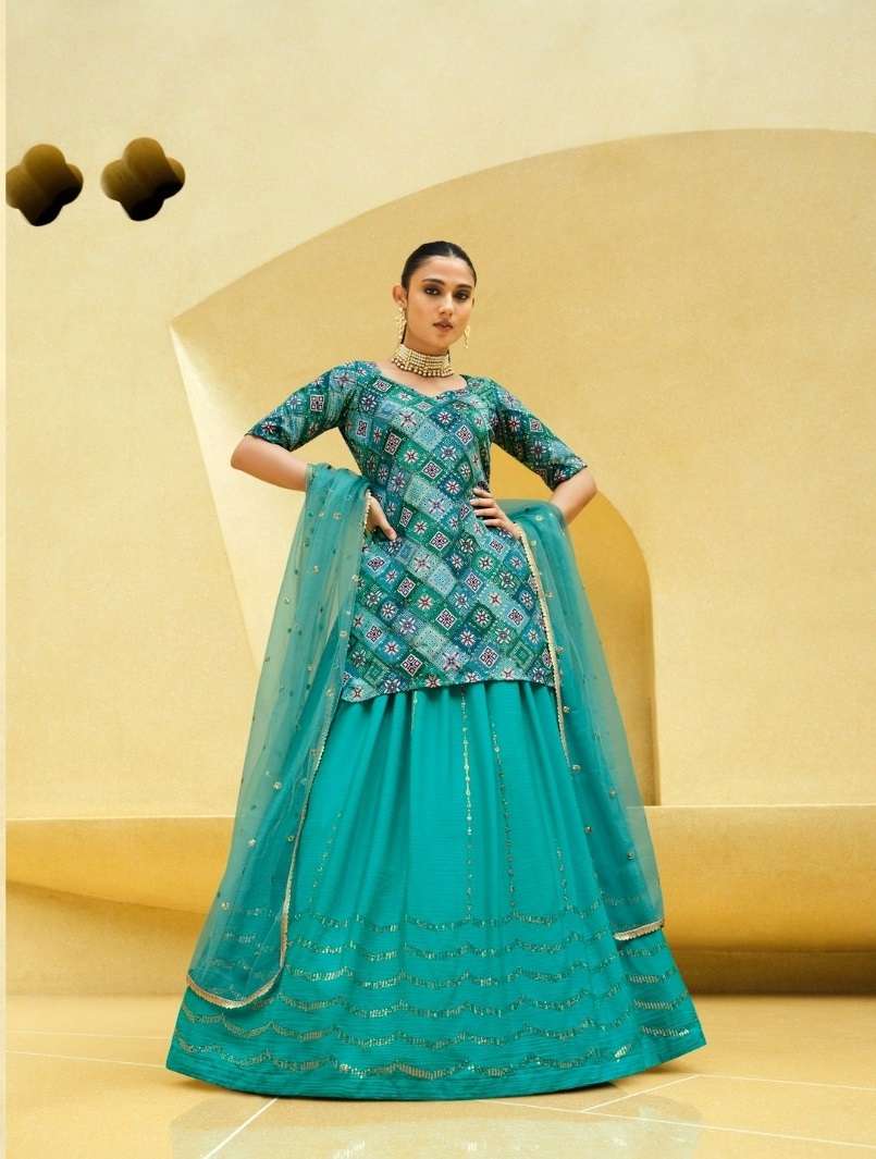 DESIGNER TRENDY STYLISH FANCY PARTY WEAR CHINON SILK LONG BLOUSE BLUE LEHENGA CHOLI KF GIRLY 2232