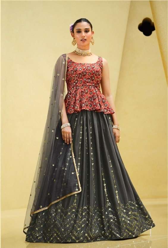 DESIGNER TRENDY STYLISH FANCY PARTY WEAR CHINON SILK LONG BLOUSE GREY LEHENGA CHOLI KF GIRLY 2233