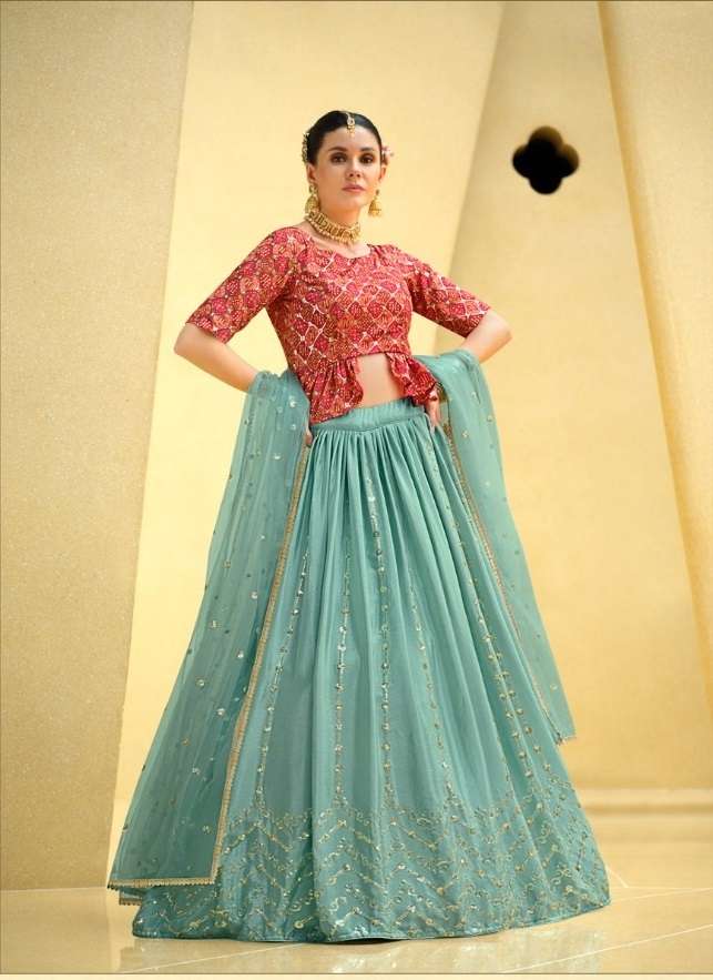 DESIGNER TRENDY STYLISH FANCY PARTY WEAR CHINON SILK LONG BLOUSE SKYBLUE LEHENGA CHOLI KF GIRLY 2234