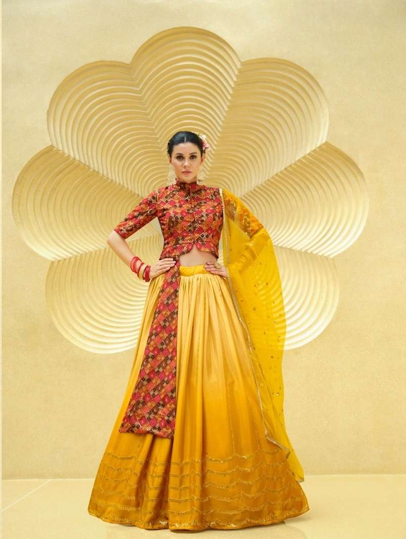 DESIGNER TRENDY STYLISH FANCY PARTY WEAR CHINON SILK LONG BLOUSE YELLOW LEHENGA CHOLI KF GIRLY 2235