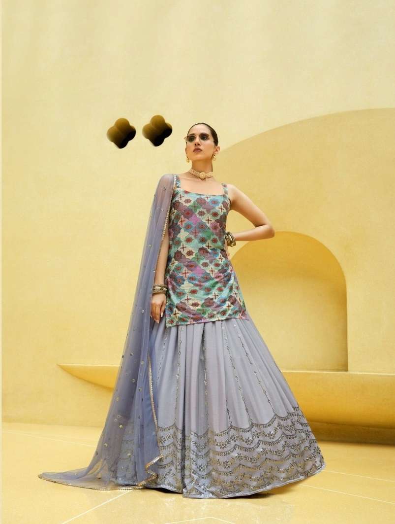 DESIGNER TRENDY STYLISH FANCY PARTY WEAR CHINON SILK LONG BLOUSE LAVENDER LEHENGA CHOLI KF GIRLY 2236