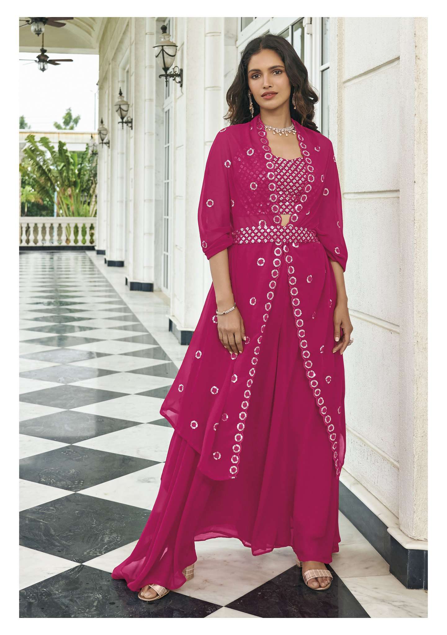 DESIGNER TRENDY STYLISH FANCY PARTY WEAR DEEP PINK GEORGETTE LEHENGA CHOLI SHREEMATEE FASHION FIROZA 143