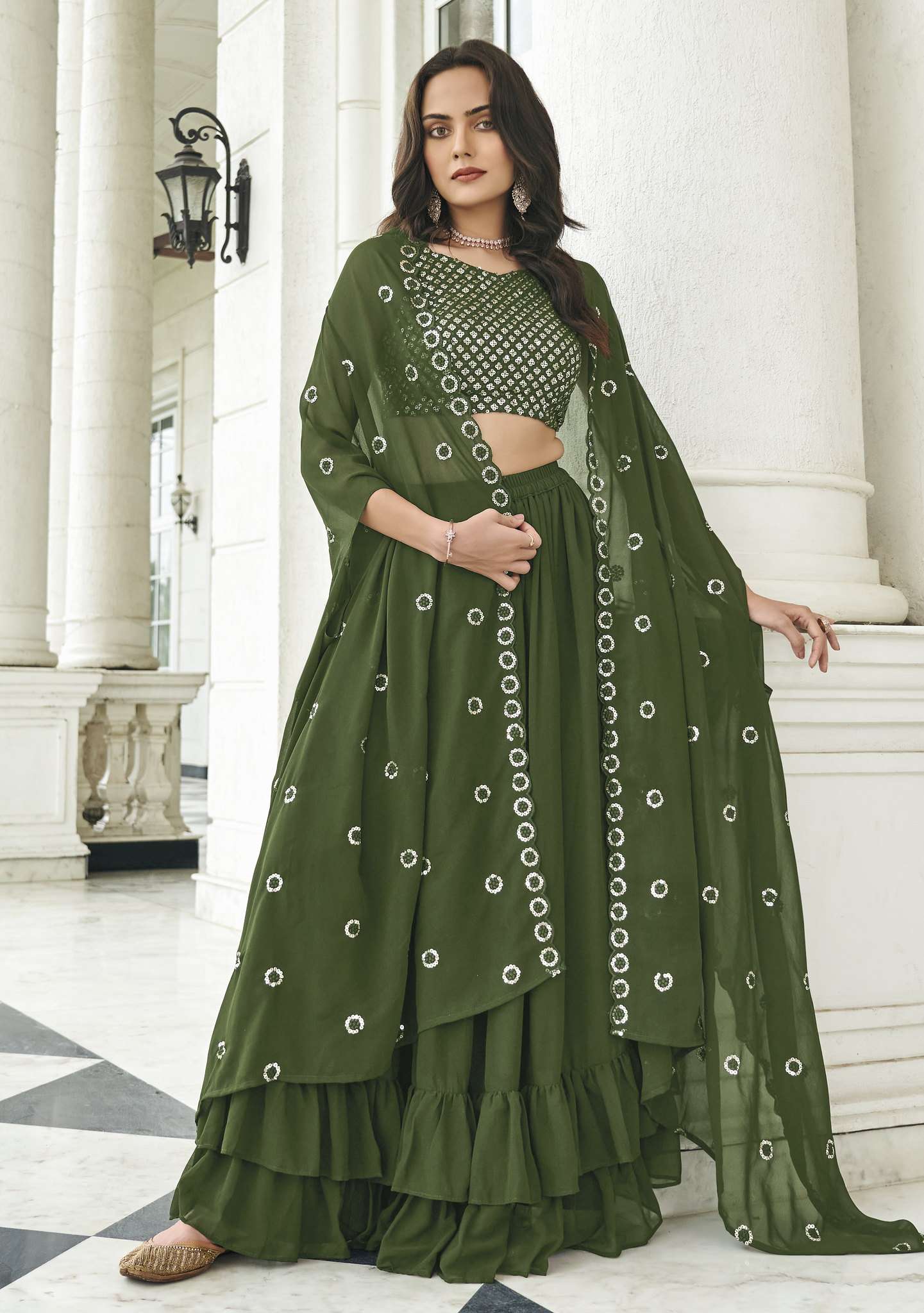 DESIGNER TRENDY STYLISH FANCY PARTY WEAR MEHENDI GREEN GEORGETTE LEHENGA CHOLI SHREEMATEE FASHION FIROZA 142