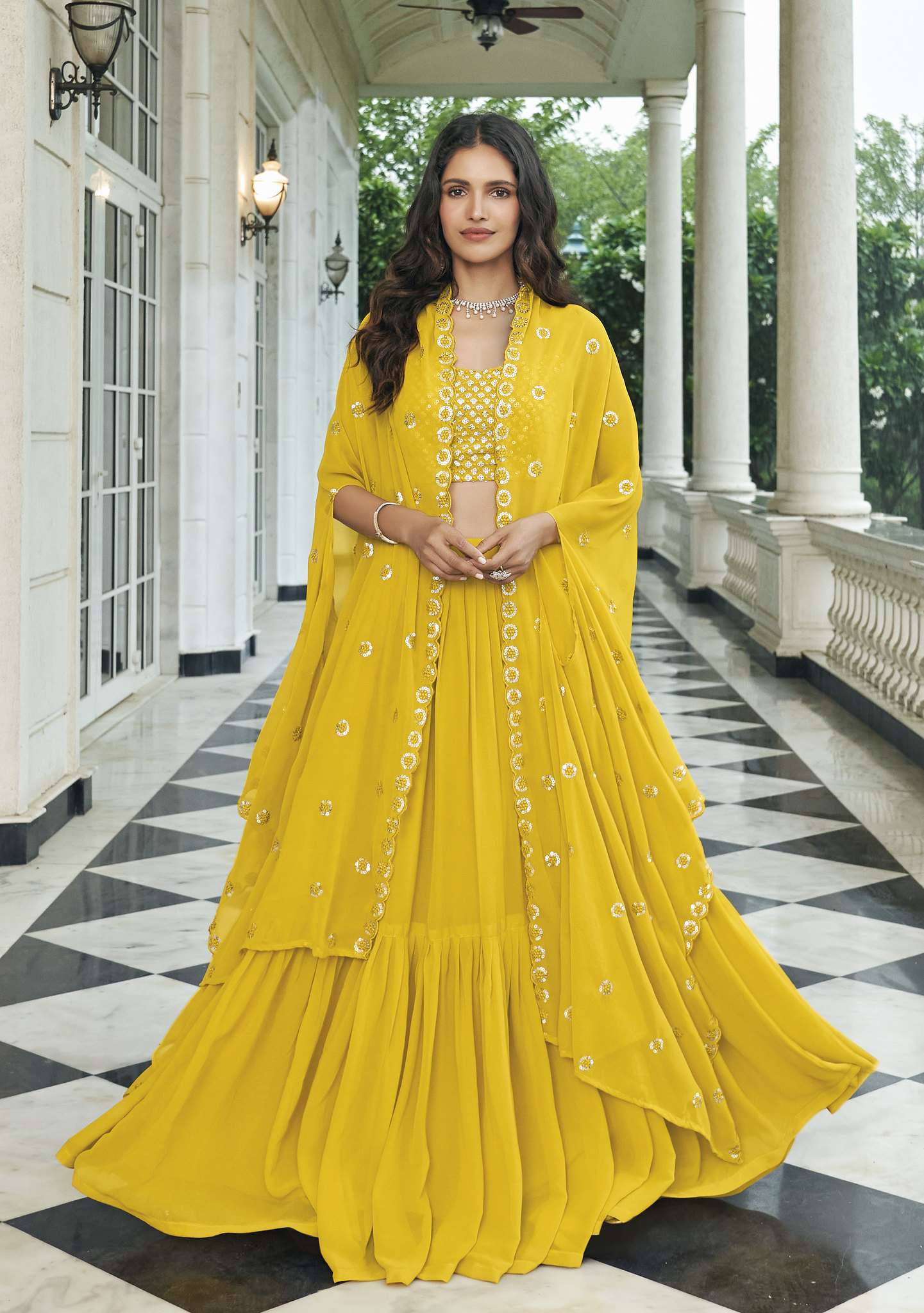 DESIGNER TRENDY STYLISH FANCY PARTY WEAR YELLOW GEORGETTE LEHENGA CHOLI SHREEMATEE FASHION FIROZA 141