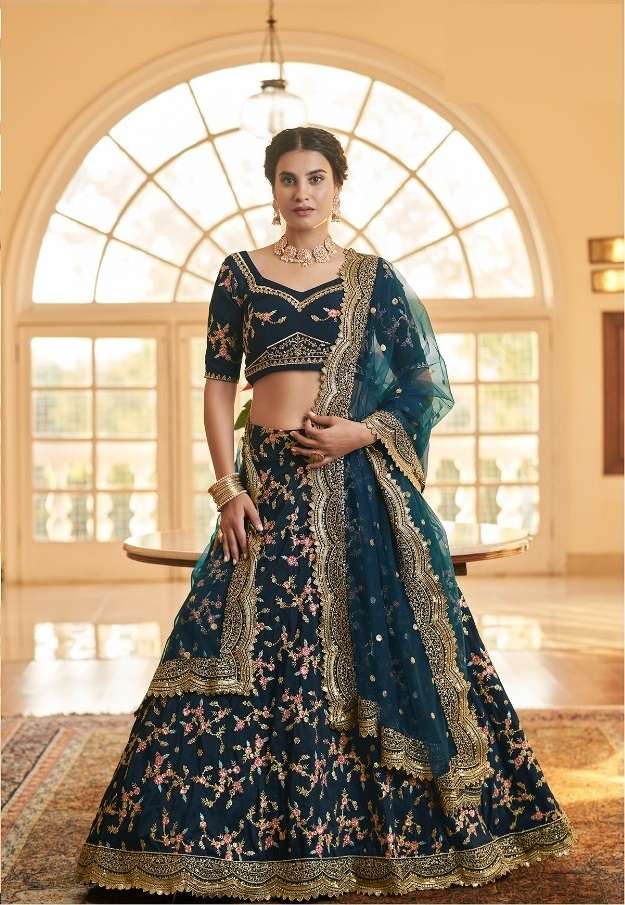 DESIGNER TRENDY STYLISH FANCY WEDDING PARTY WEAR BLUE LEHENGA CHOLI IN CHINON SILK FABRIC AAHVAN SHRINGAR 802