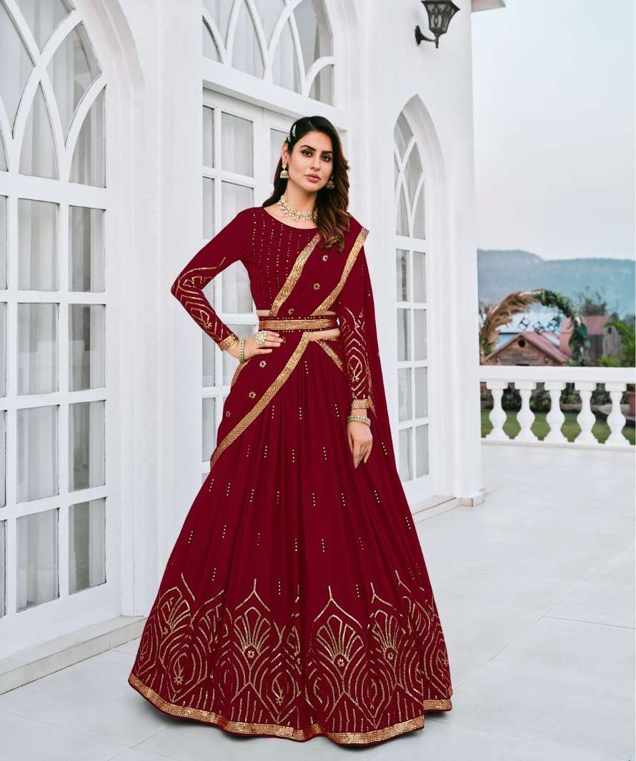 DESIGNER TRENDY STYLISH FANCY WEDDING PARTY WEAR MAROON LEHENGA CHOLI IN GEORGETTE FABRIC KF GIRLISH 168