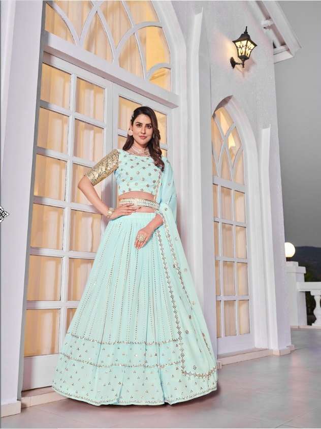 DESIGNER TRENDY STYLISH FANCY WEDDING PARTY WEAR SKY BLUE LEHENGA CHOLI IN GEORGETTE FABRIC KF GIRLISH 169