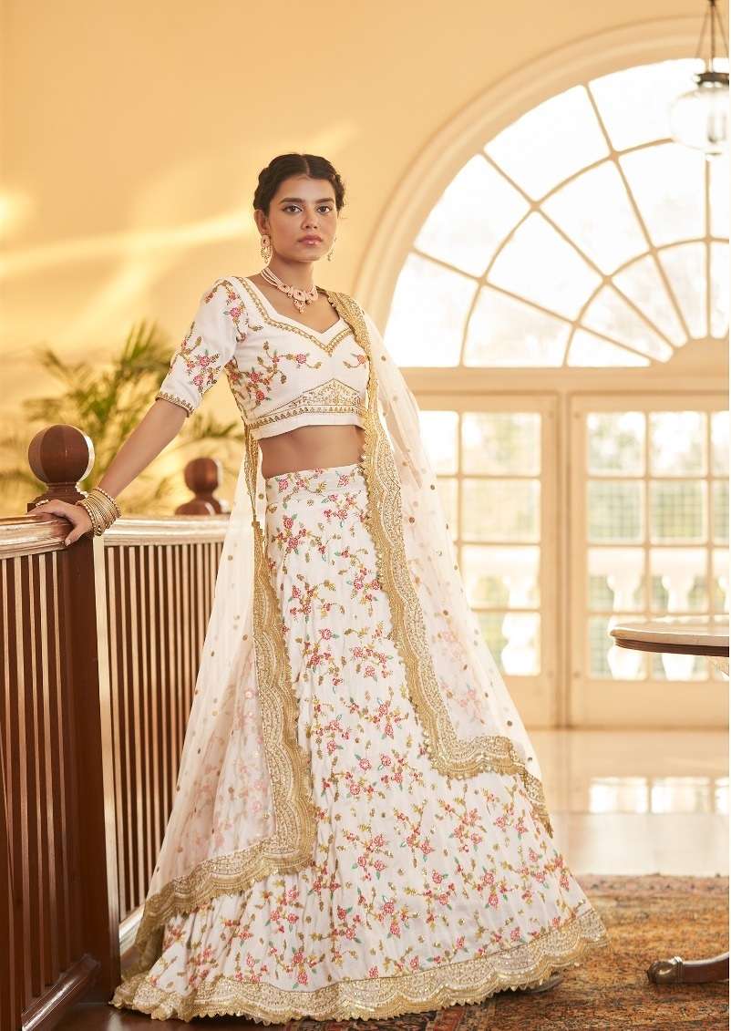 DESIGNER TRENDY STYLISH FANCY WEDDING PARTY WEAR WHITE LEHENGA CHOLI IN CHINON SILK FABRIC AAHVAN SHRINGAR 803