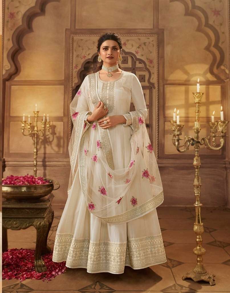 DESIGNER WHITE SILK ANARKALI SALWAR SUIT GOWN WITH NET DUPATTA IN LATEST 2023 VINAY KASHEESH 63694