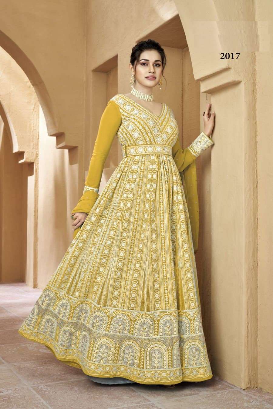 DESIGNER YELLOW CHIKKAN WORK ANARKALI PARTY WEAR SALWAR SUIT LONG GOWN IN GEORGETTE DST GULJAR RESHAM 2017