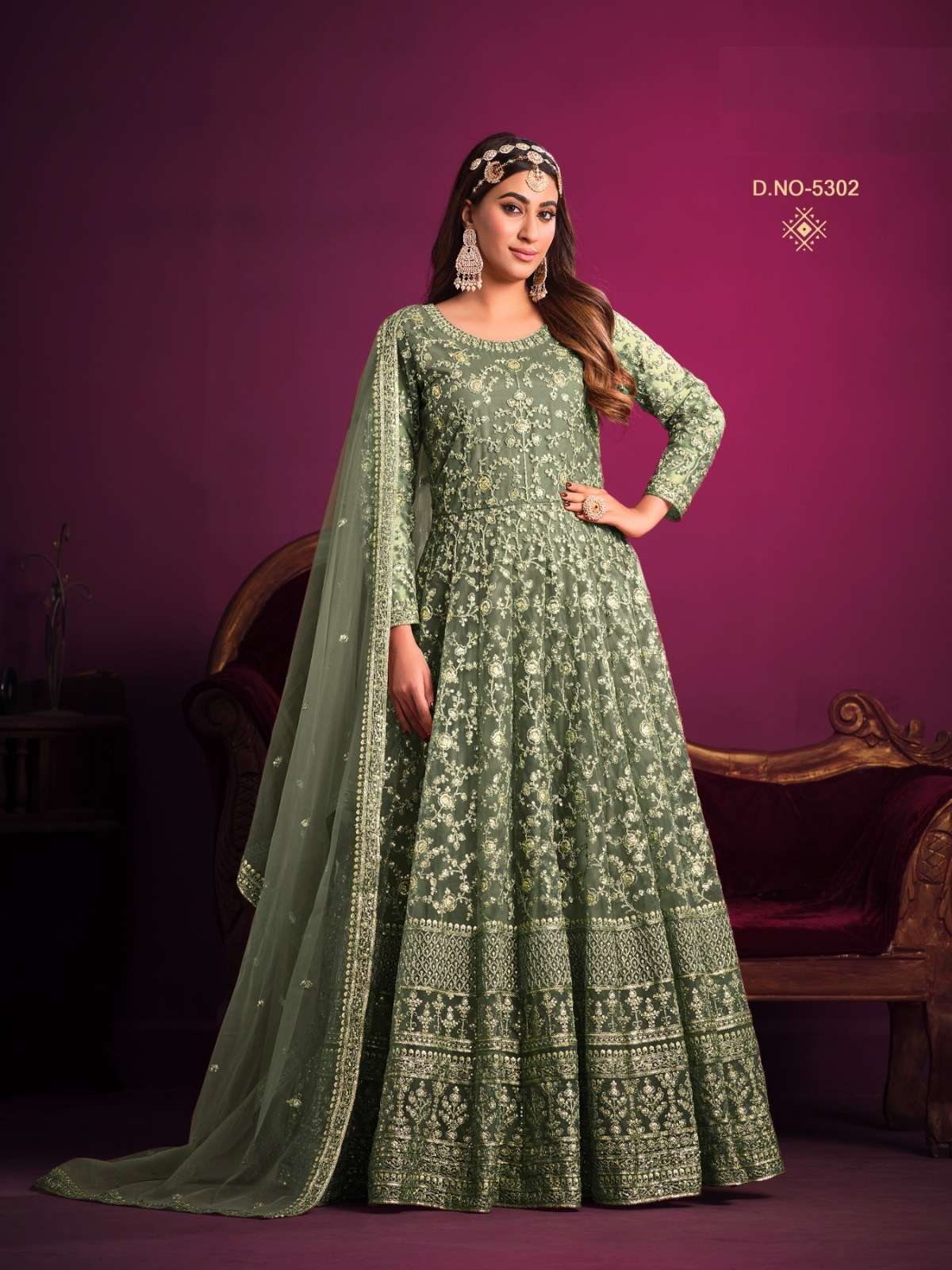 GREEN DESIGNER ANARKALI PARTY WEAR SALWAR SUIT LONG GOWN IN PREMIUM BUTTERFLY NET ANAYA-5302