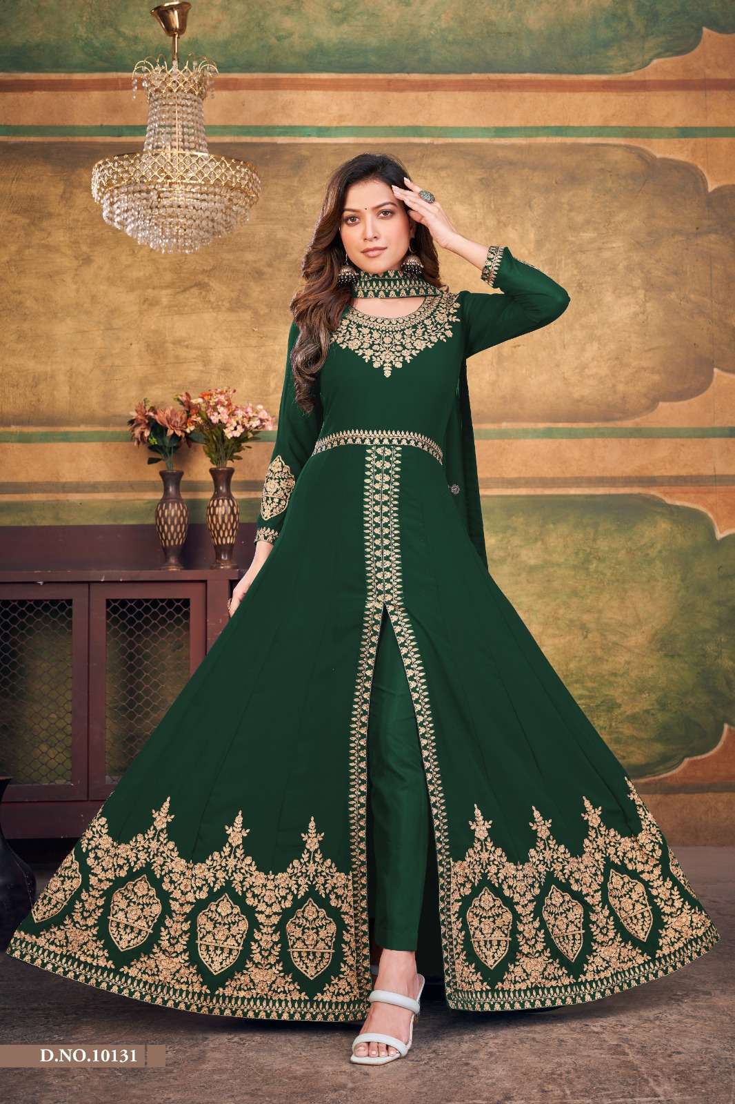 GREEN DESIGNER FANCY WEDDING PARTY WEAR GEORGETTE LONG ANARKALI SALWAR SUIT GOWN ANJUBAA 10131