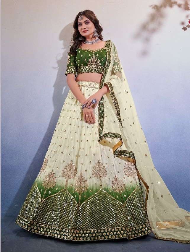 GREEN WHITE DESIGNER FANCY TRENDY PARTY WEAR CHINON SILK LEHENGA CHOLI SM ANANTESH 5002