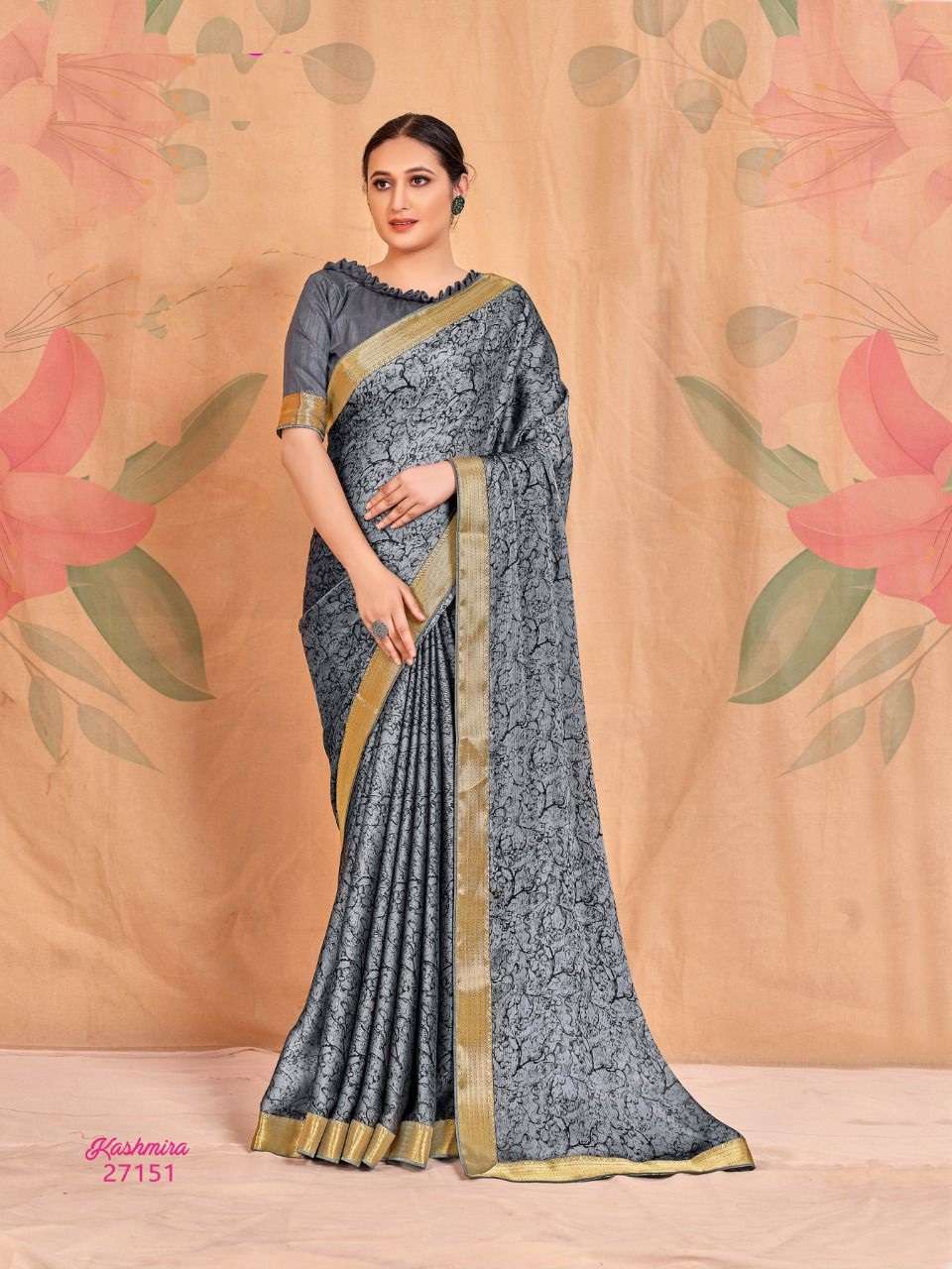 GREY DESIGNER FANCY WEDDING PARTY WEAR DESIGNER CHIFFON SILK SAREE JT MITOSHI KASHMIRA 27151