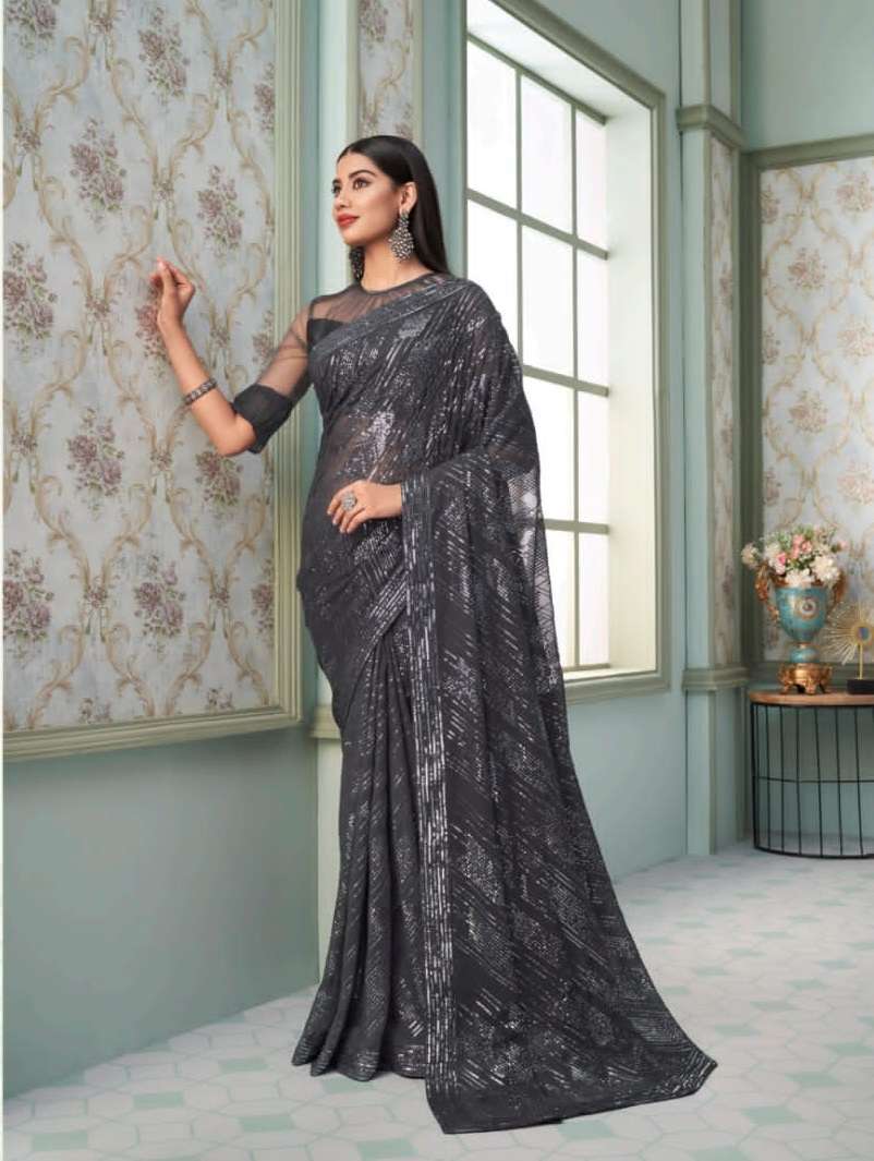 GREY DESIGNER FANCY WEDDING PARTY WEAR DESIGNER GEORGETTE SILK FABRIC SAREE SM ANMOL INAARA 2412