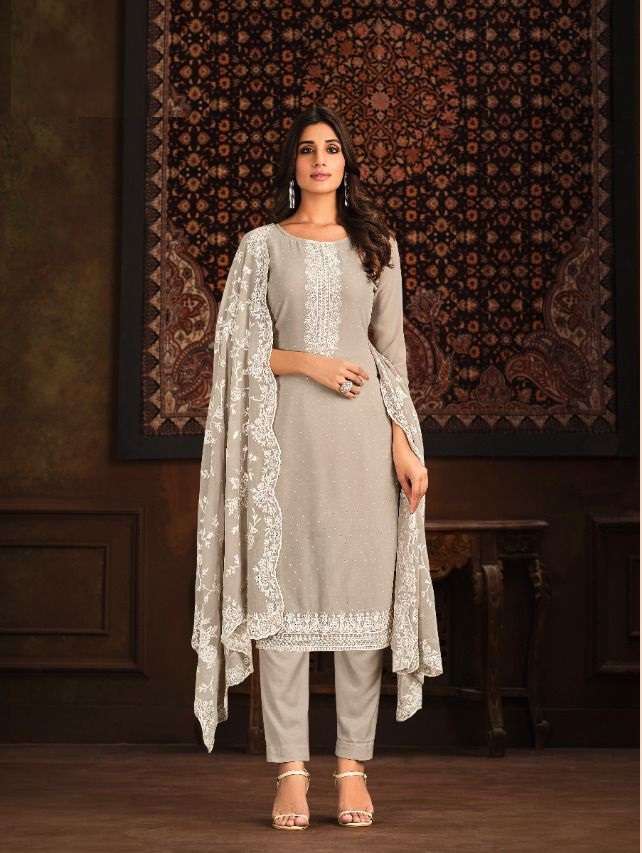 GREY DESIGNER FANCY WEDDING PARTY WEAR GEORGETTE STARIGHT SALWAR SUIT RH VIPUL ROSE 5093