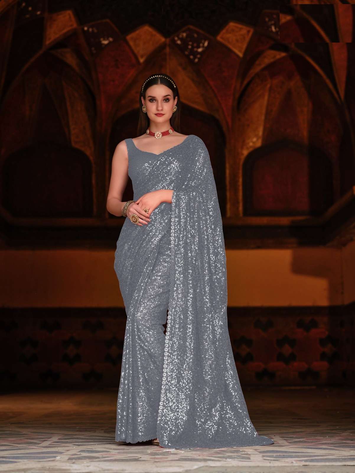 GREY DESIGNER WEDDING PARTY FUNCTION WEAR SEQUENCE GEORGETTE SAREE EXCLUSIVE COLLECTION SENHORA EMERALD 2045F