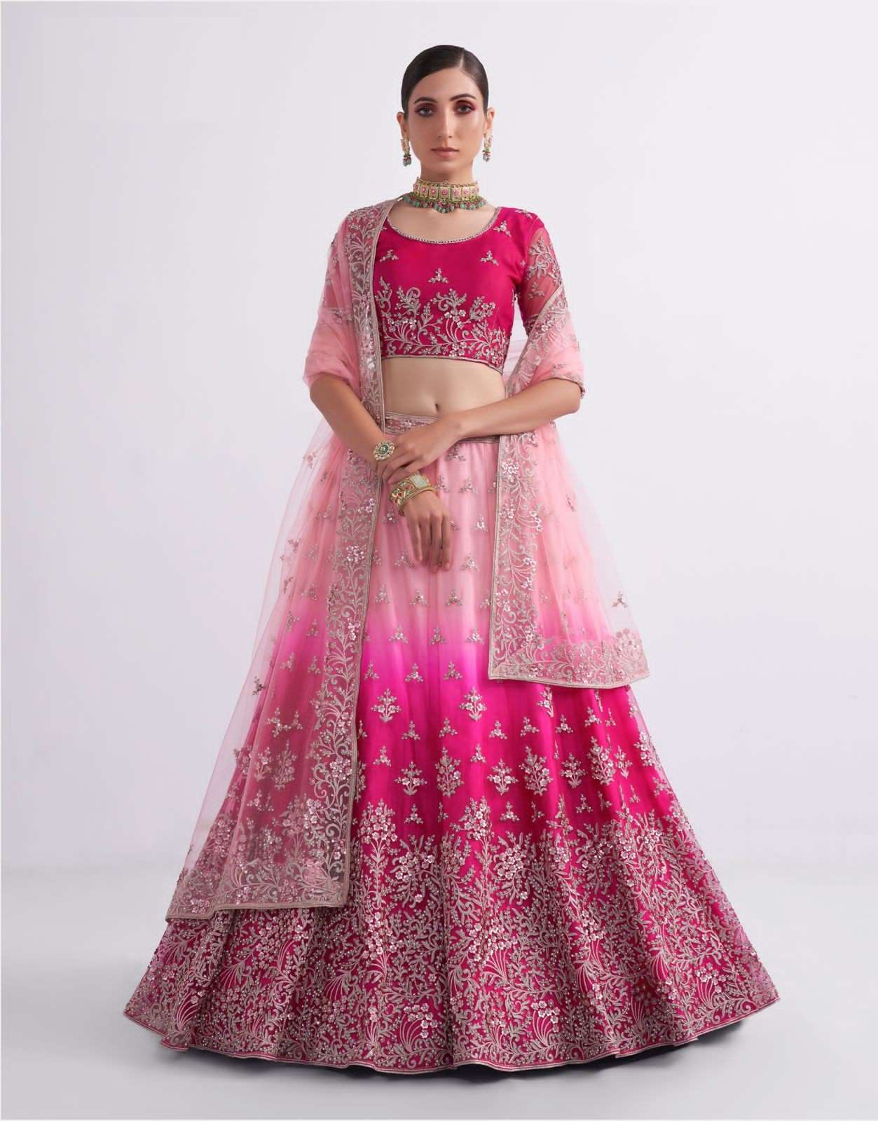 HEAVY DESIGNER FANCY WEDDING PARTY WEAR EXCLUSIVE PINK NET LEHENGA CHOLI SENHORA DRESSES ALIZEH 1070