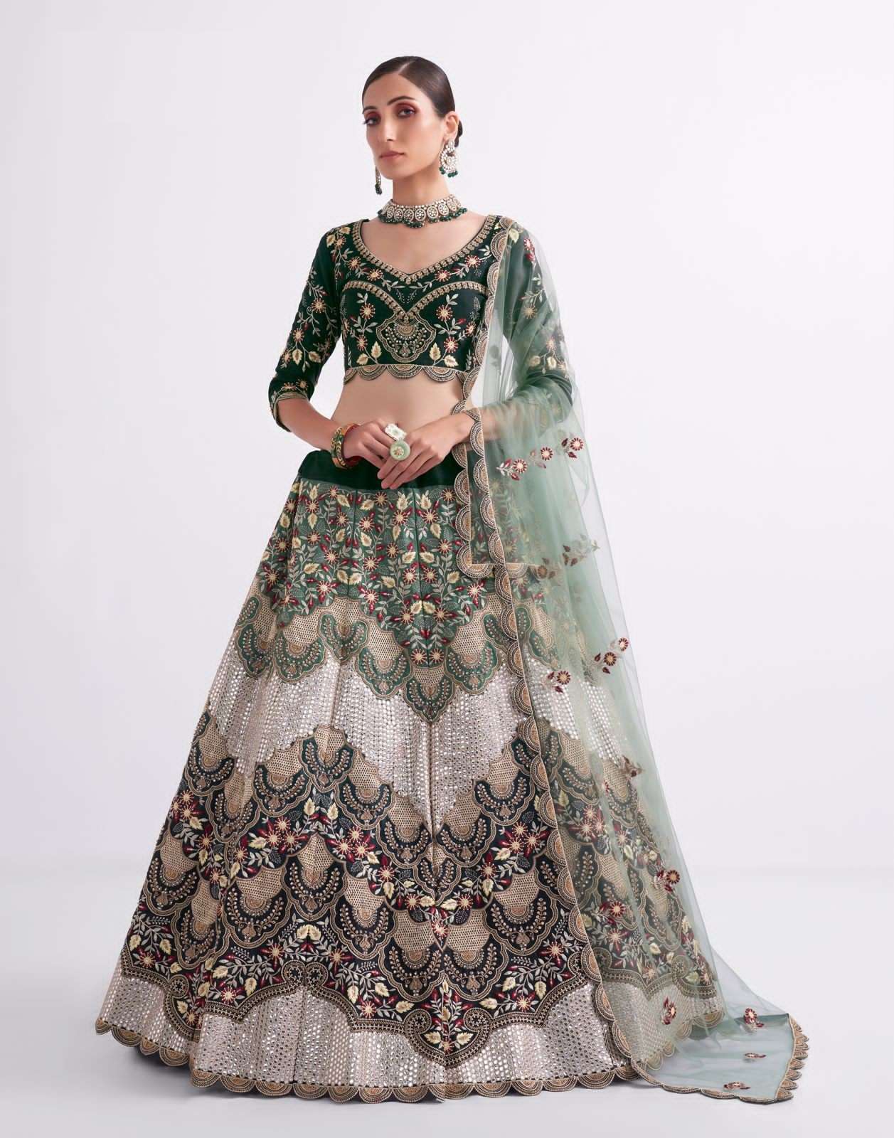 HEAVY DESIGNER FANCY WEDDING PARTY WEAR EXCLUSIVE GREEN NET LEHENGA CHOLI SENHORA DRESSES ALIZEH 1071