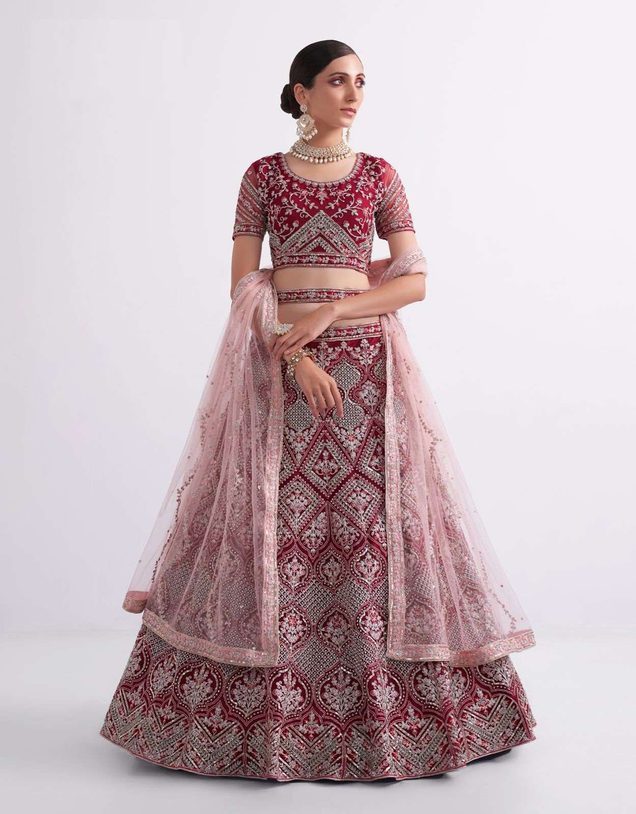 HEAVY DESIGNER FANCY WEDDING PARTY WEAR EXCLUSIVE RED NET LEHENGA CHOLI SENHORA DRESSES ALIZEH 1072