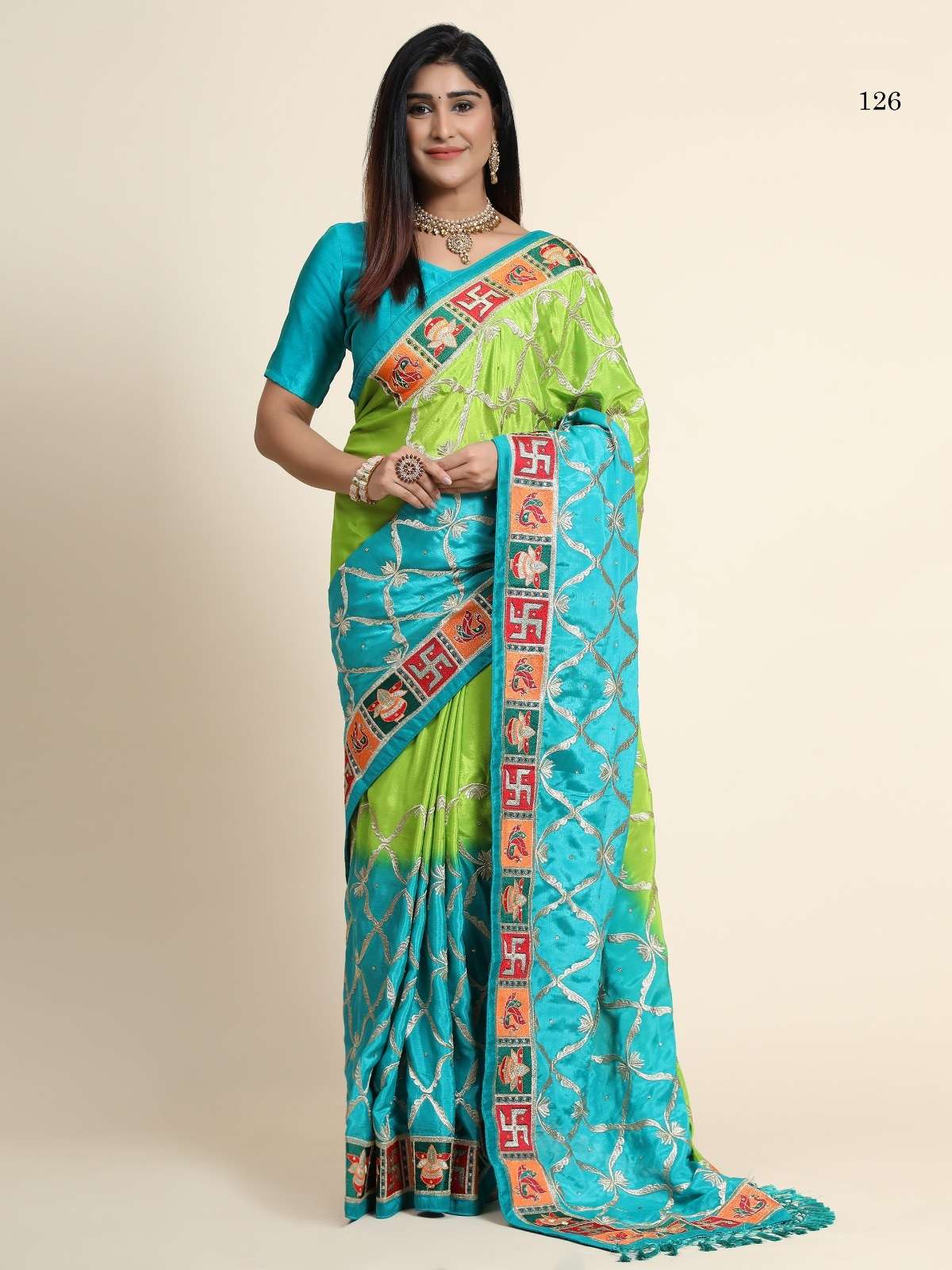 HEAVY DESIGNER FANCY WEDDING PARTY WEAR HEAVY CHINON SILK FABRIC SAREE PANETAR CLKON 126