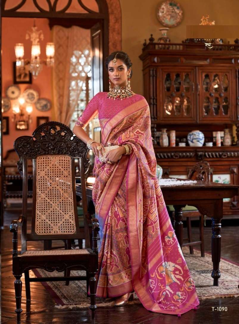 HEAVY DESIGNER FANCY WEDDING PARTY WEAR HEAVY PINK BANARASI PATOLA SILK FABRIC SAREE JT RANGMAHAL 1090